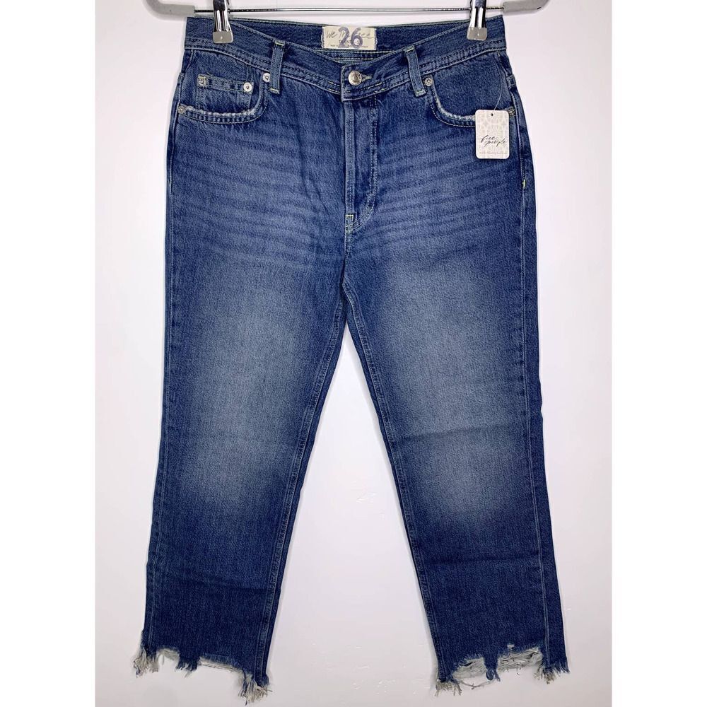 Free People We The Free Maggie Straight Jeans Frayed Cuffs,Sequoia Blue, Size 26